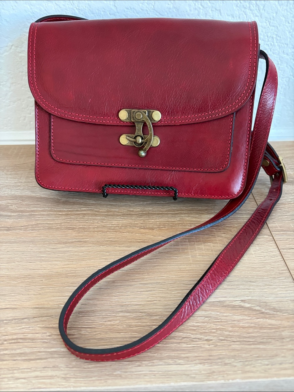 Genuine Italian Red Leather Crossbody with Brass Turn-Lock